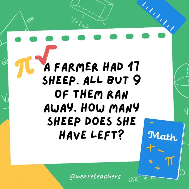 5. Seorang peternak mempunyai 17 ekor domba. Semua kecuali 9 dari mereka melarikan diri. Berapa banyak domba yang tersisa?