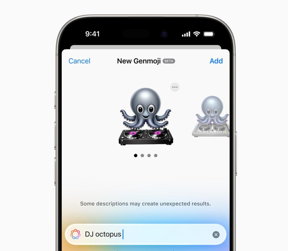 IPhone dengan jendela pembuat Genmoji terbuka menampilkan Genmoji gurita di depan meja DJ. Di bawah ini adalah jendela teks dengan kata-kata 